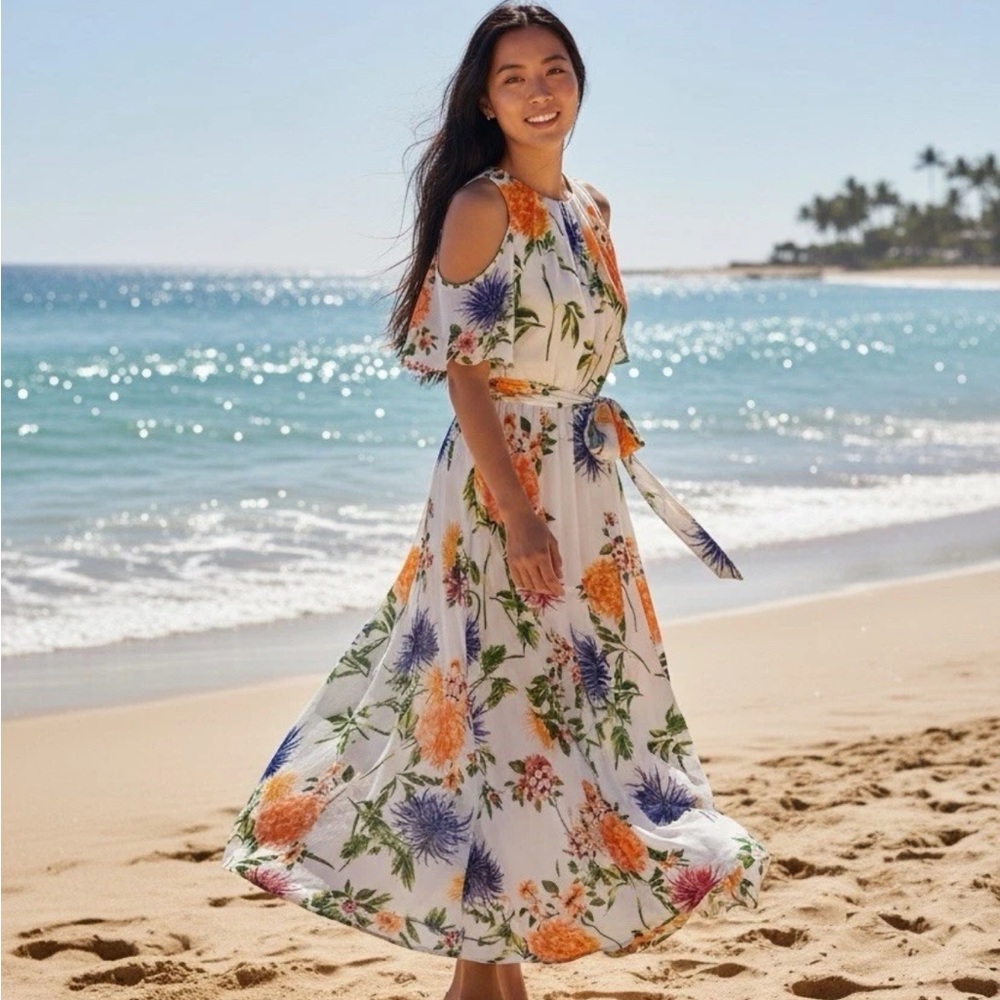 Calvin Klein Maxi Dress Women's 8 Floral Cold Shoulder Waist Tie Multicolor